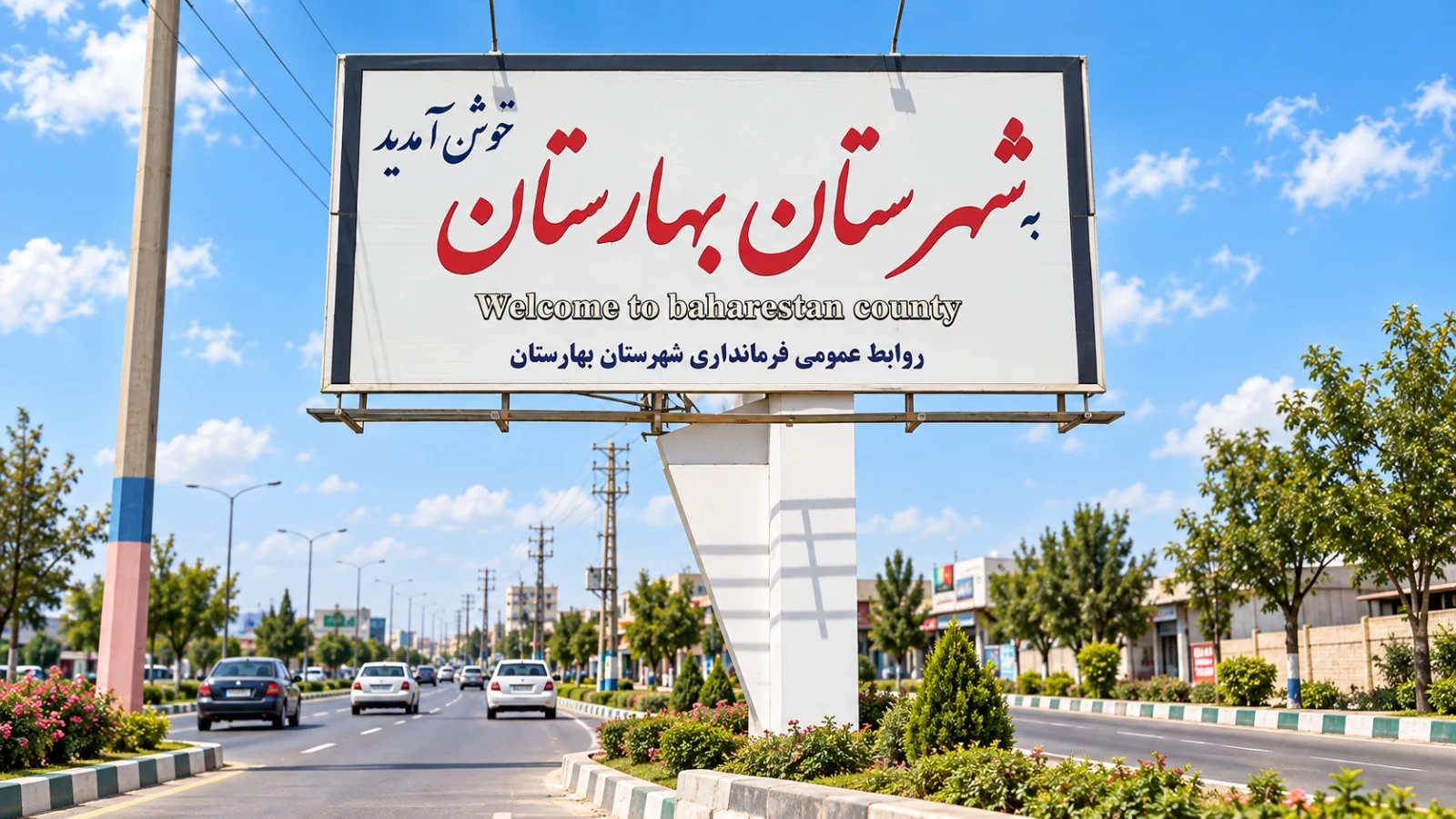 نمای ورودی شهرستان بهارستان و تابلوی خوشآمدگویی